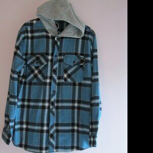 Quiksilver Mens Flannel Hooded button up Shirt Jacket Blue Plaid  XL (1495)